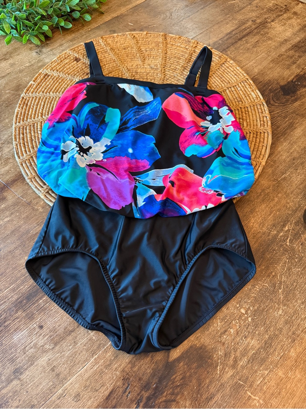 NWOT 2 Bamboo Black Floral One-Piece Swimsuit with Pink & Blue Accents